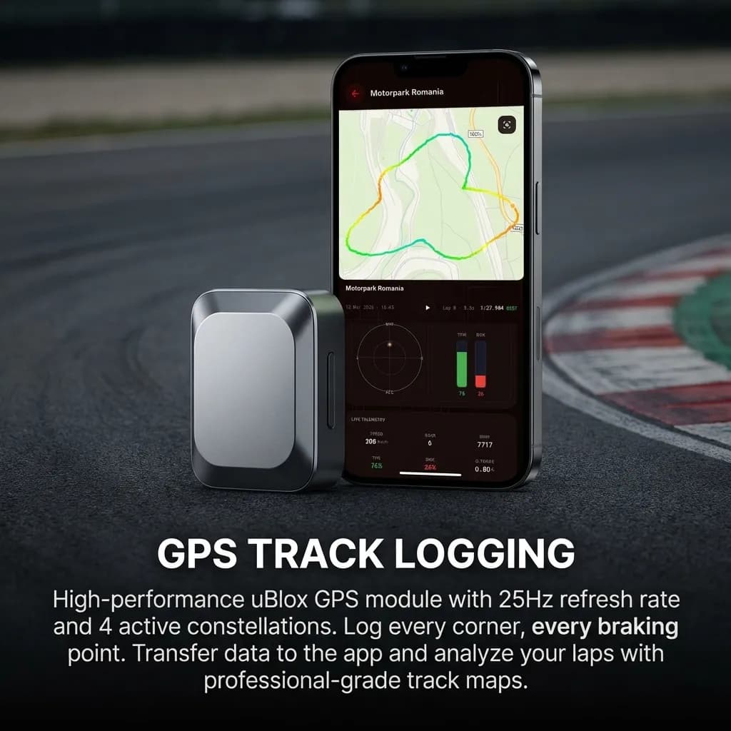 BYTEREAD GPS module with companion app showing Race Log track map, live telemetry, and lap analysis