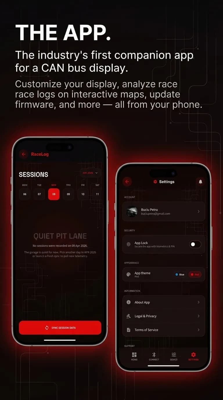 BYTEREAD companion app showing RaceLog sessions and Settings screens